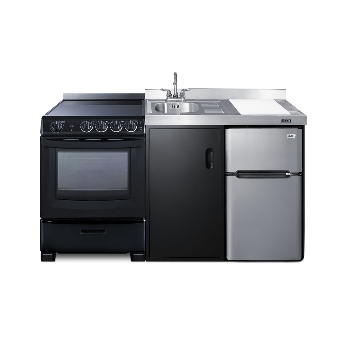 64 inch wide all-in-one kitchenette with 4-burner 220V smooth-top electric range, refrigerator-freezer sink, cutting board and cutlery storage, and storage cabinet in a black exterior finish